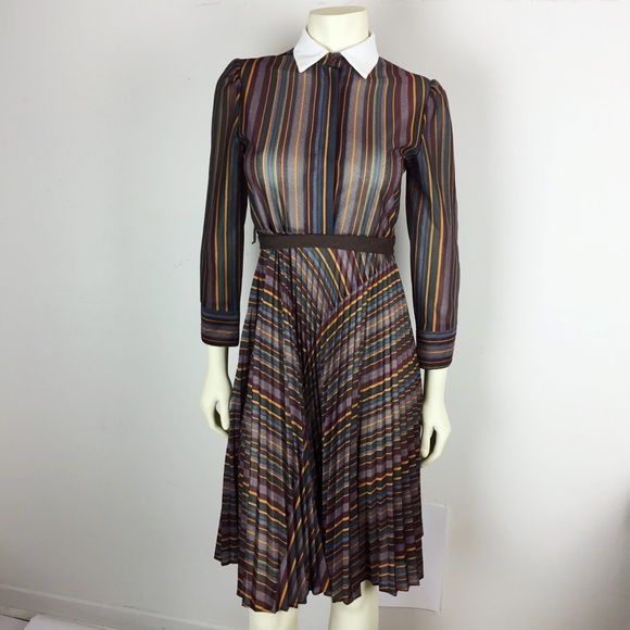 Vintage 70s secretary midi shirt dress stripe swag